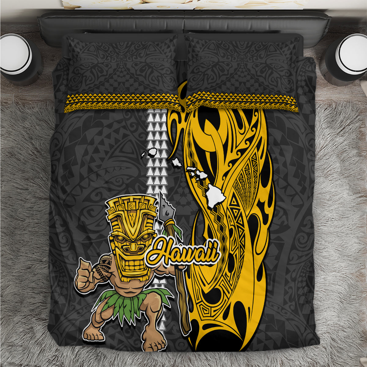 Hawaii Island Bedding Set Hawaiian Warrior and Kakau Symbols Abstract Tattoo LT03 Yellow - Polynesian Pride