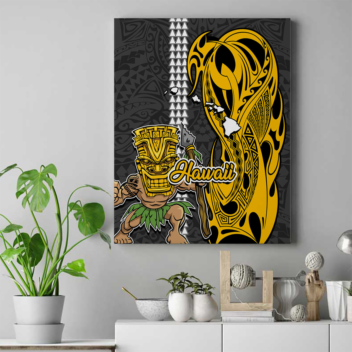 Hawaii Island Canvas Wall Art Hawaiian Warrior and Kakau Symbols Abstract Tattoo LT03 Yellow - Polynesian Pride