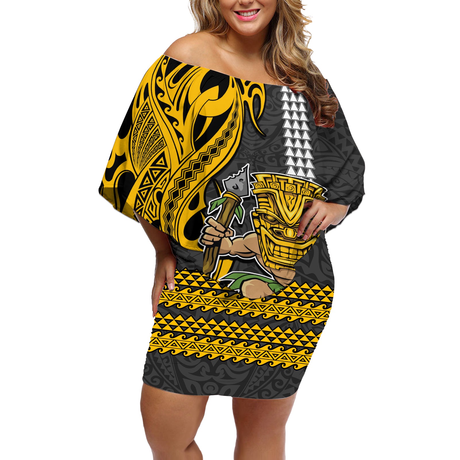 Hawaii Island Off Shoulder Short Dress Hawaiian Warrior and Kakau Symbols Abstract Tattoo LT03 Women Yellow - Polynesian Pride