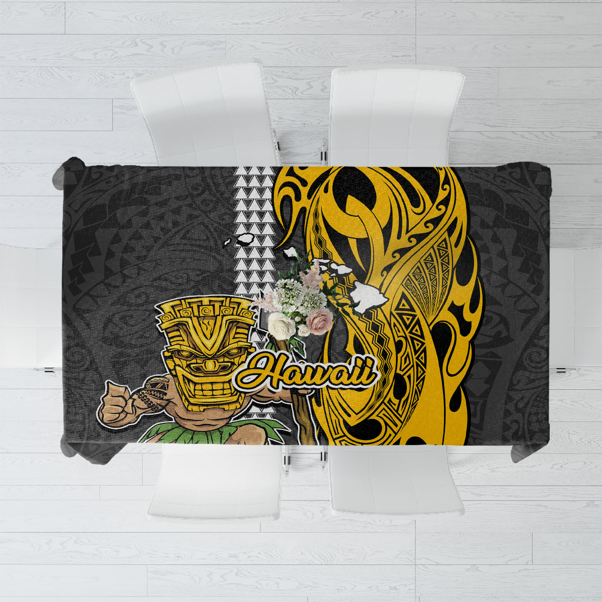 Hawaii Island Tablecloth Hawaiian Warrior and Kakau Symbols Abstract Tattoo LT03 Yellow - Polynesian Pride