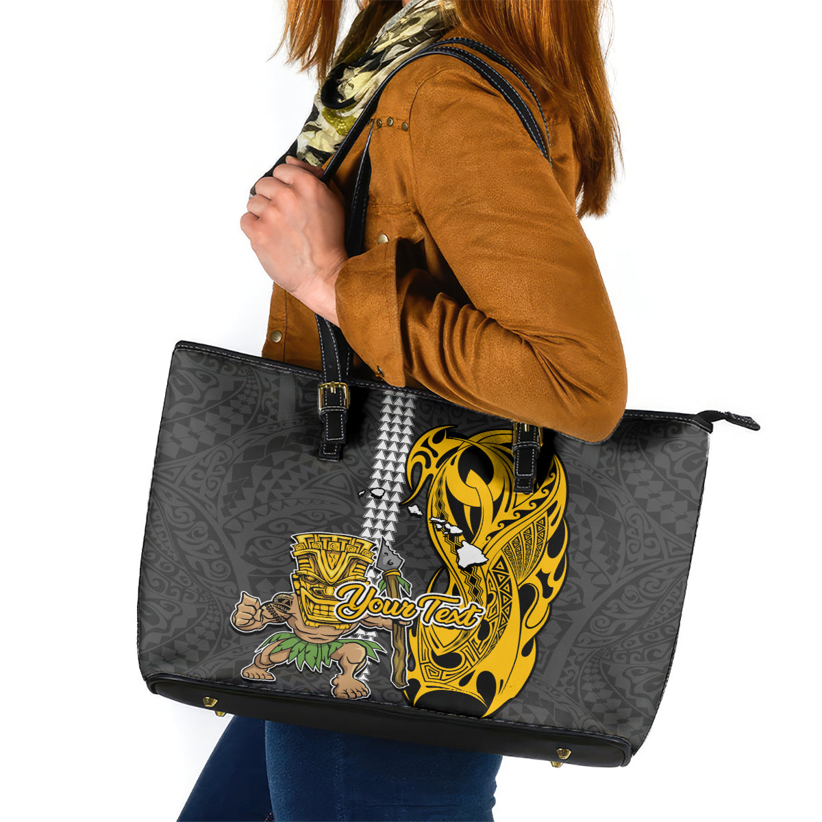 Custom Hawaii Island Leather Tote Bag Hawaiian Warrior and Kakau Symbols Abstract Tattoo LT03 Yellow - Polynesian Pride