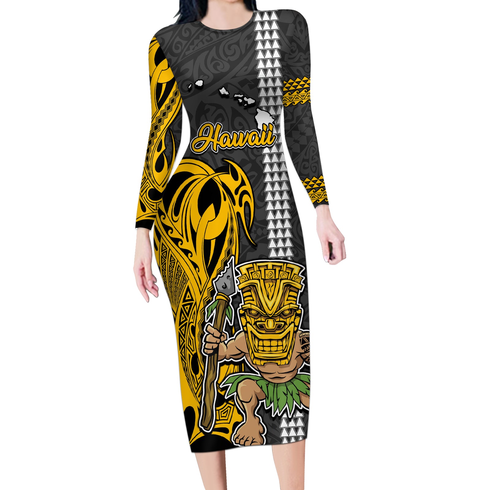 Custom Hawaii Island Long Sleeve Bodycon Dress Hawaiian Warrior and Kakau Symbols Abstract Tattoo LT03 Long Dress Yellow - Polynesian Pride
