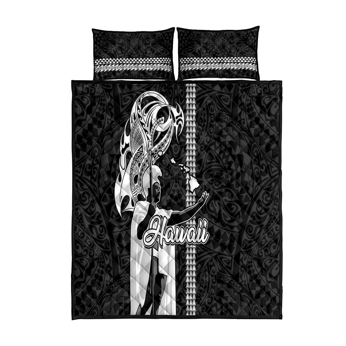Hawaii Island Quilt Bed Set Hawaiian King and Kakau Symbols Abstract Shoulder Tattoo LT03 Black - Polynesian Pride