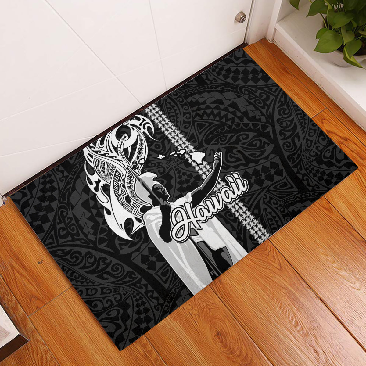Hawaii Island Rubber Doormat Hawaiian King and Kakau Symbols Abstract Shoulder Tattoo LT03 Black - Polynesian Pride