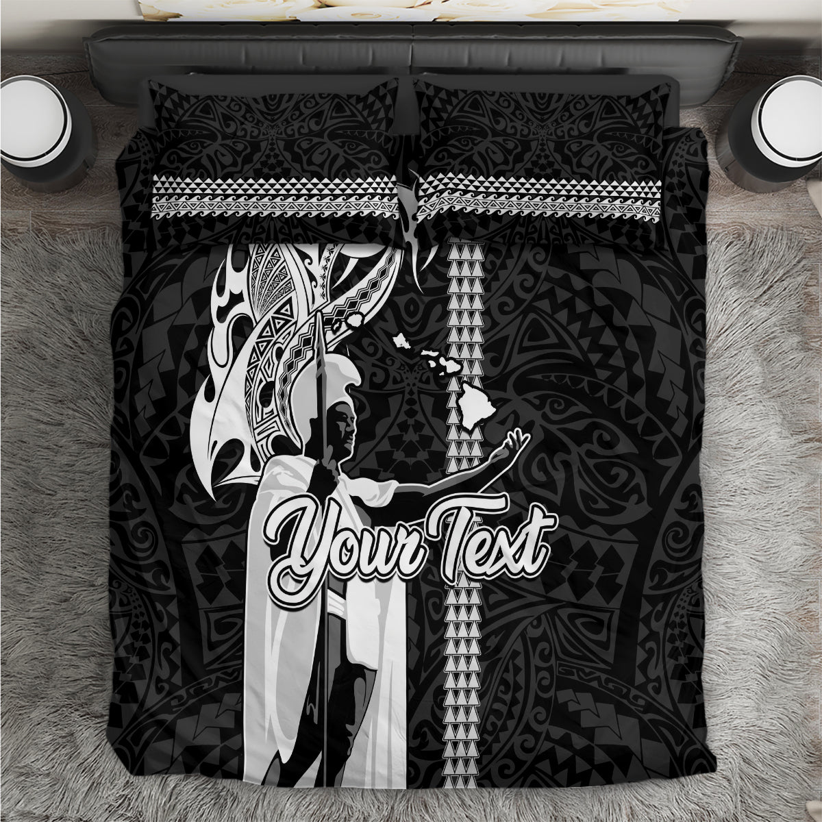 Custom Hawaii Island Bedding Set Hawaiian King and Kakau Symbols Abstract Shoulder Tattoo LT03 Black - Polynesian Pride