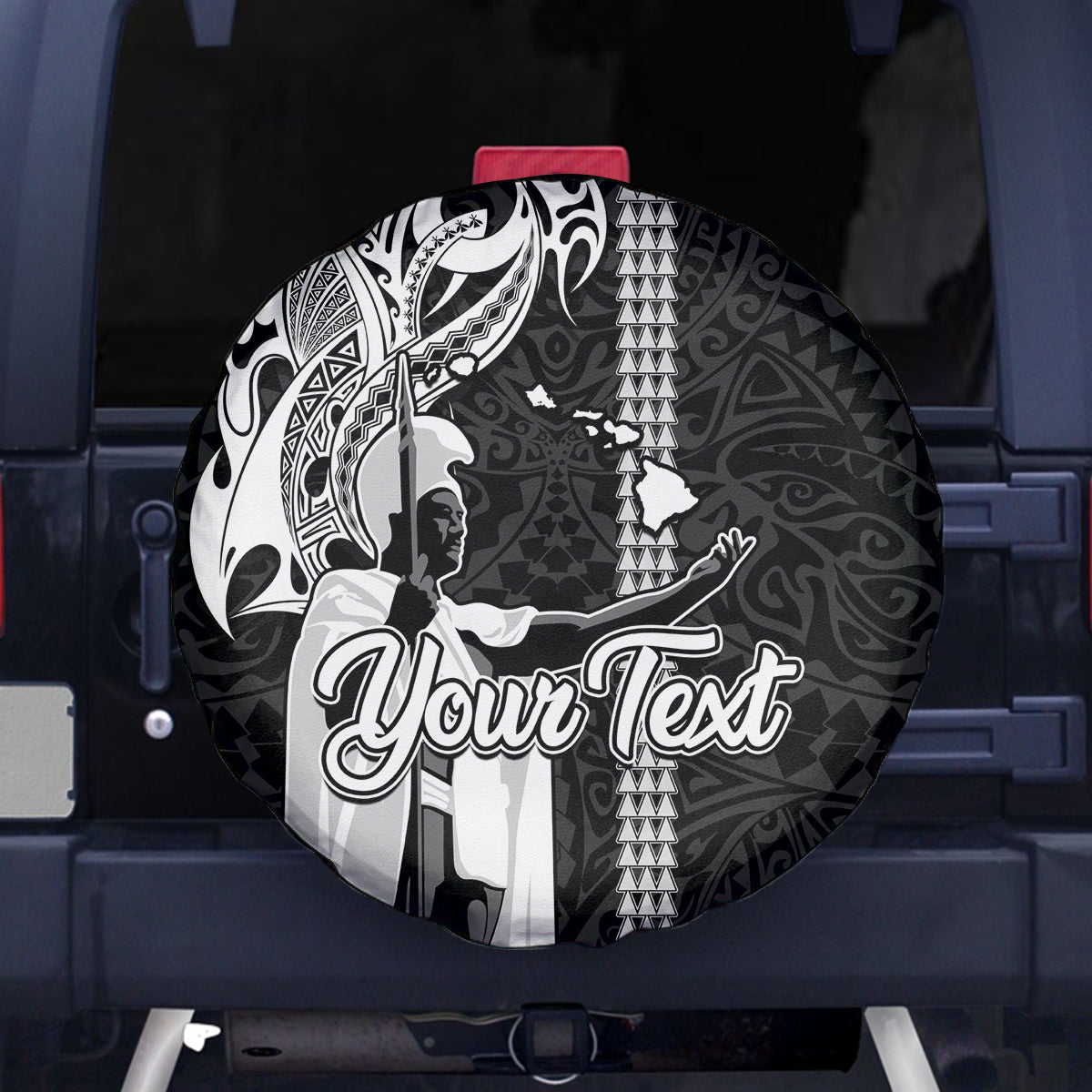 Custom Hawaii Island Spare Tire Cover Hawaiian King and Kakau Symbols Abstract Shoulder Tattoo LT03 Black - Polynesian Pride