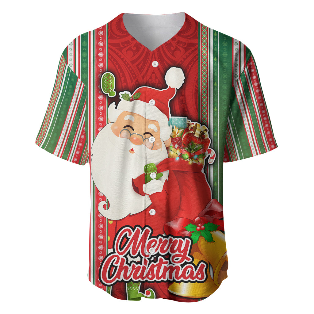 Kiribati Christmas Baseball Jersey Santa With Gift Bag Behind Ribbons Seamless Red Maori LT03 Red - Polynesian Pride