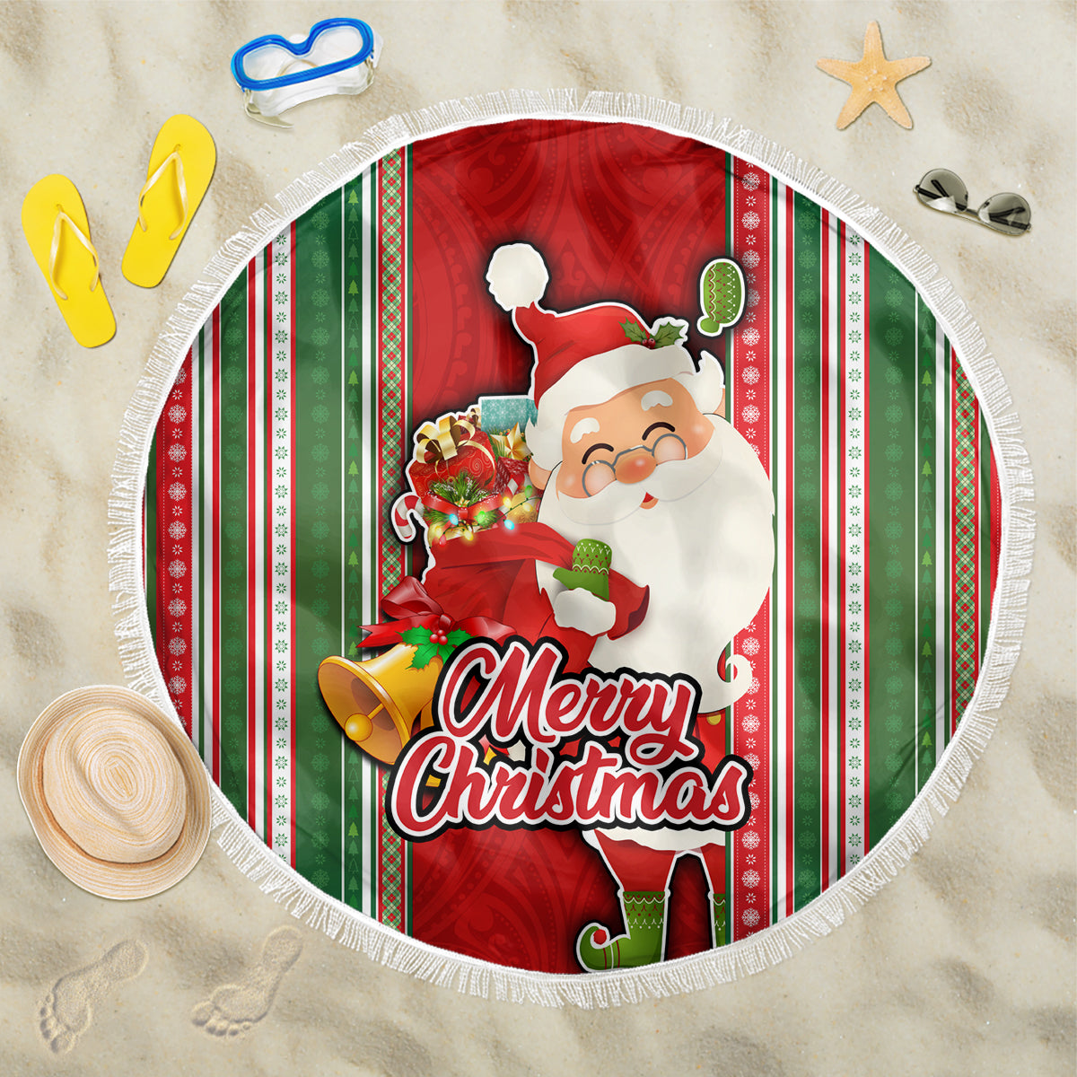 Kiribati Christmas Beach Blanket Santa With Gift Bag Behind Ribbons Seamless Red Maori LT03 One Size 150cm Red - Wonder Print Shop