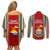 Kiribati Christmas Couples Matching Off Shoulder Short Dress and Long Sleeve Button Shirts Santa With Gift Bag Behind Ribbons Seamless Red Maori LT03 - Polynesian Pride