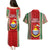 Kiribati Christmas Couples Matching Puletasi Dress and Hawaiian Shirt Santa With Gift Bag Behind Ribbons Seamless Red Maori LT03 - Polynesian Pride