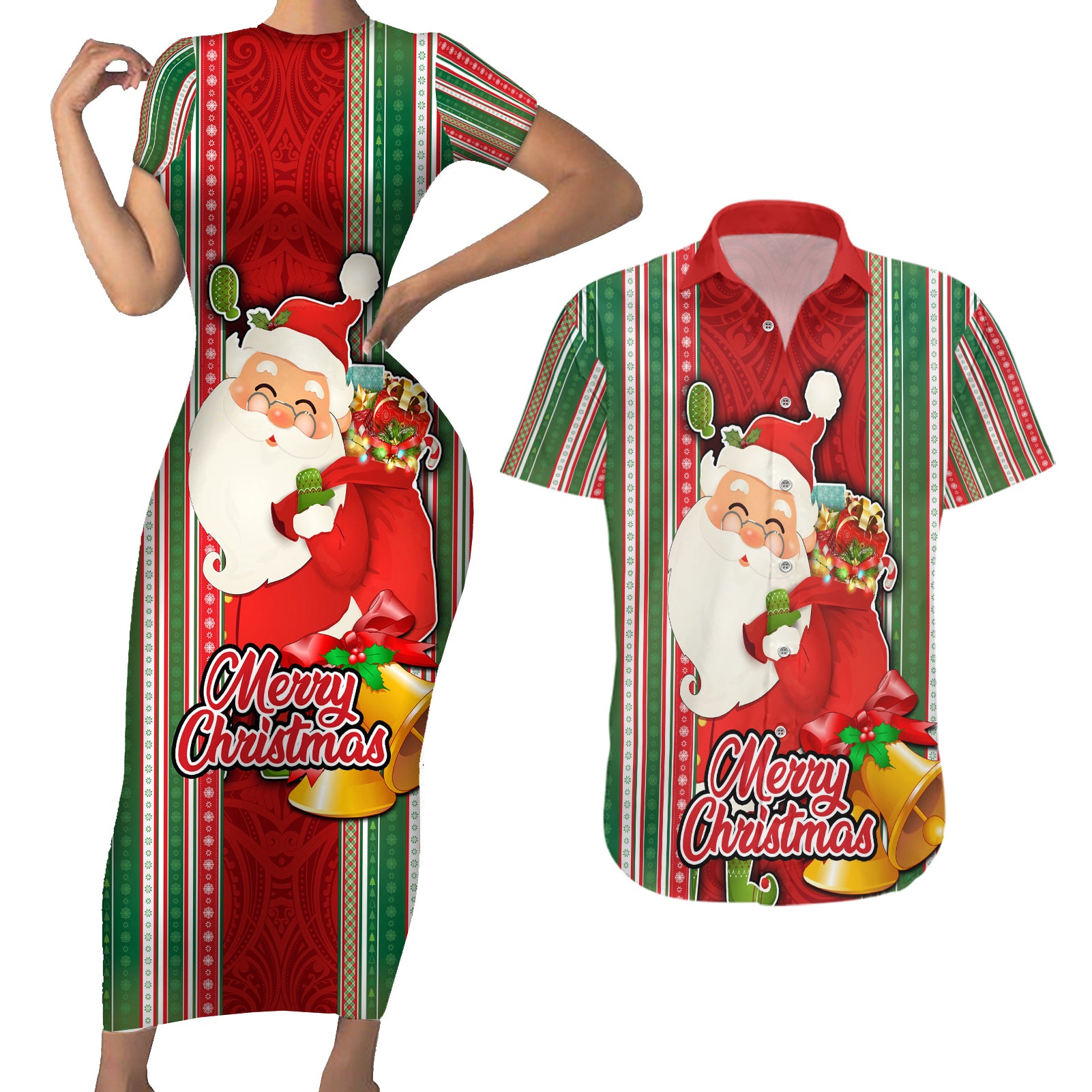 Kiribati Christmas Couples Matching Short Sleeve Bodycon Dress and Hawaiian Shirt Santa With Gift Bag Behind Ribbons Seamless Red Maori LT03 Red - Polynesian Pride