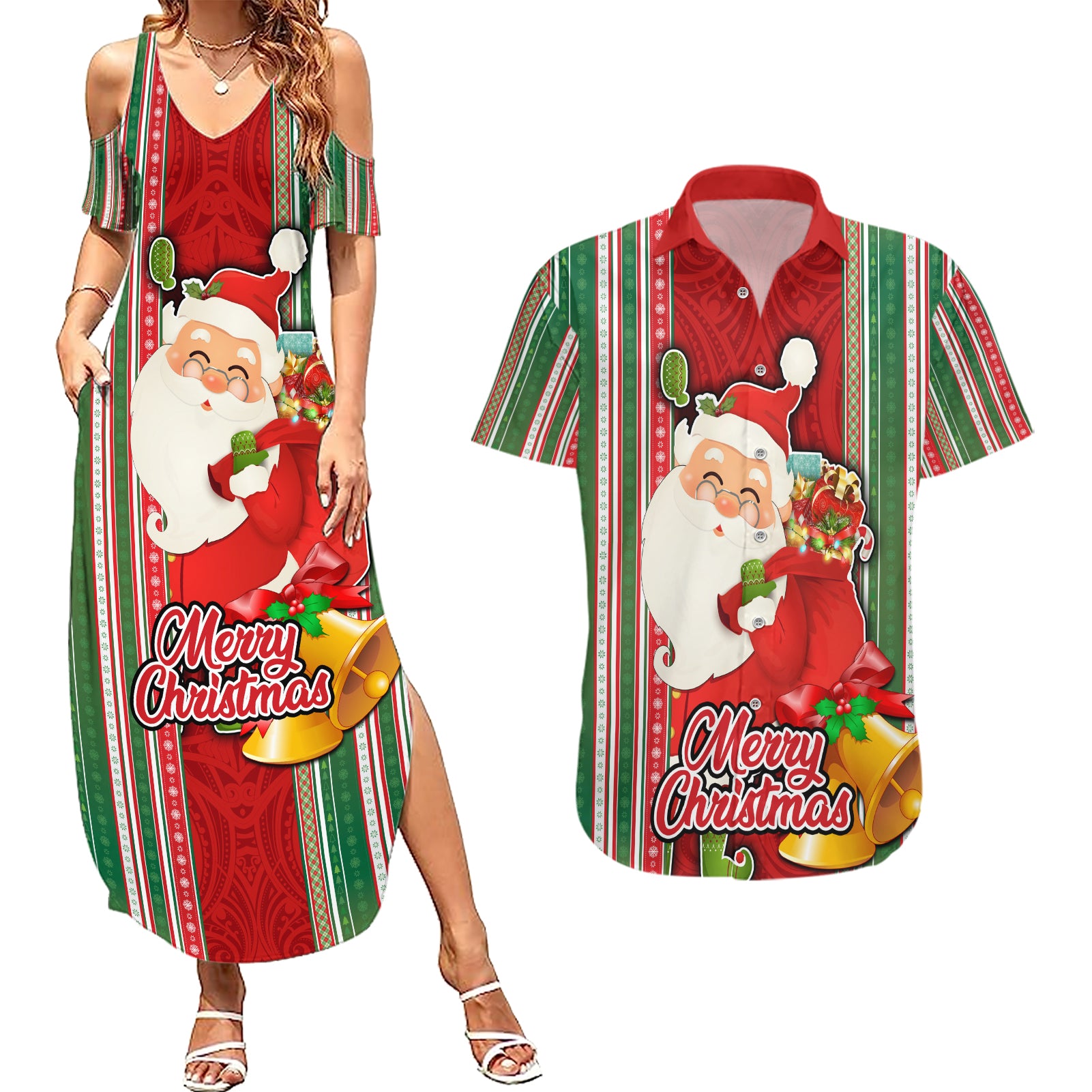 Kiribati Christmas Couples Matching Summer Maxi Dress and Hawaiian Shirt Santa With Gift Bag Behind Ribbons Seamless Red Maori LT03 Red - Polynesian Pride