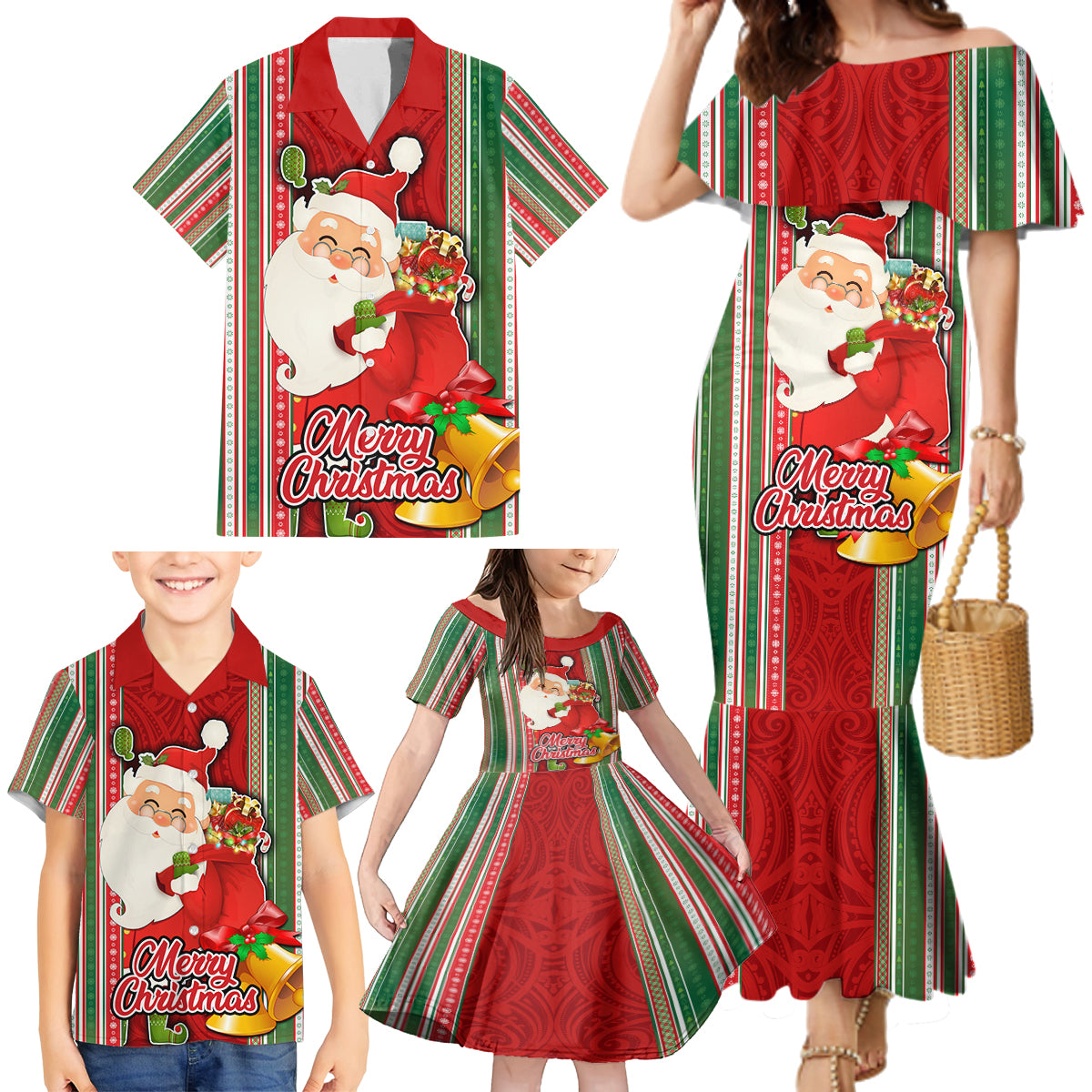 Kiribati Christmas Family Matching Mermaid Dress and Hawaiian Shirt Santa With Gift Bag Behind Ribbons Seamless Red Maori LT03 - Polynesian Pride
