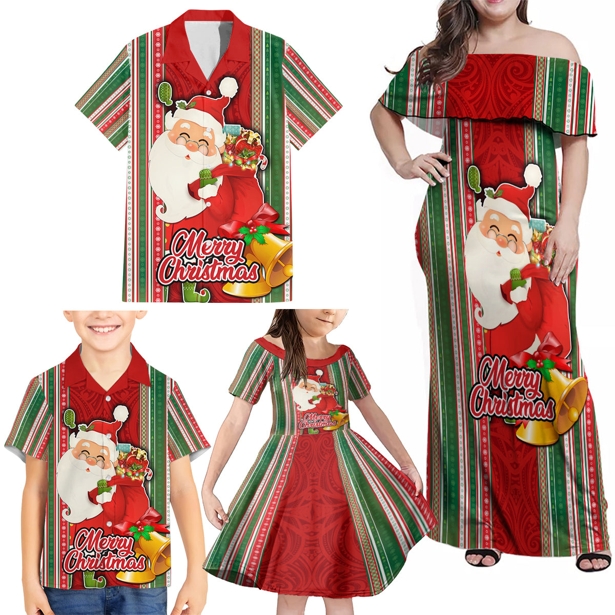 Kiribati Christmas Family Matching Off Shoulder Maxi Dress and Hawaiian Shirt Santa With Gift Bag Behind Ribbons Seamless Red Maori LT03 - Polynesian Pride
