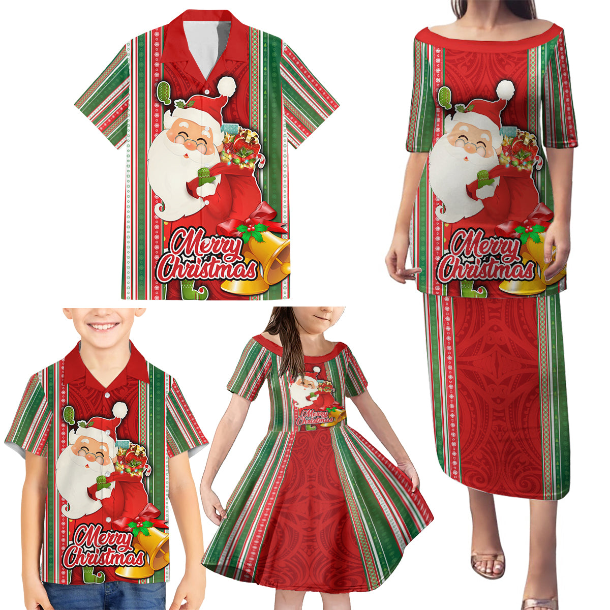 Kiribati Christmas Family Matching Puletasi Dress and Hawaiian Shirt Santa With Gift Bag Behind Ribbons Seamless Red Maori LT03 - Polynesian Pride
