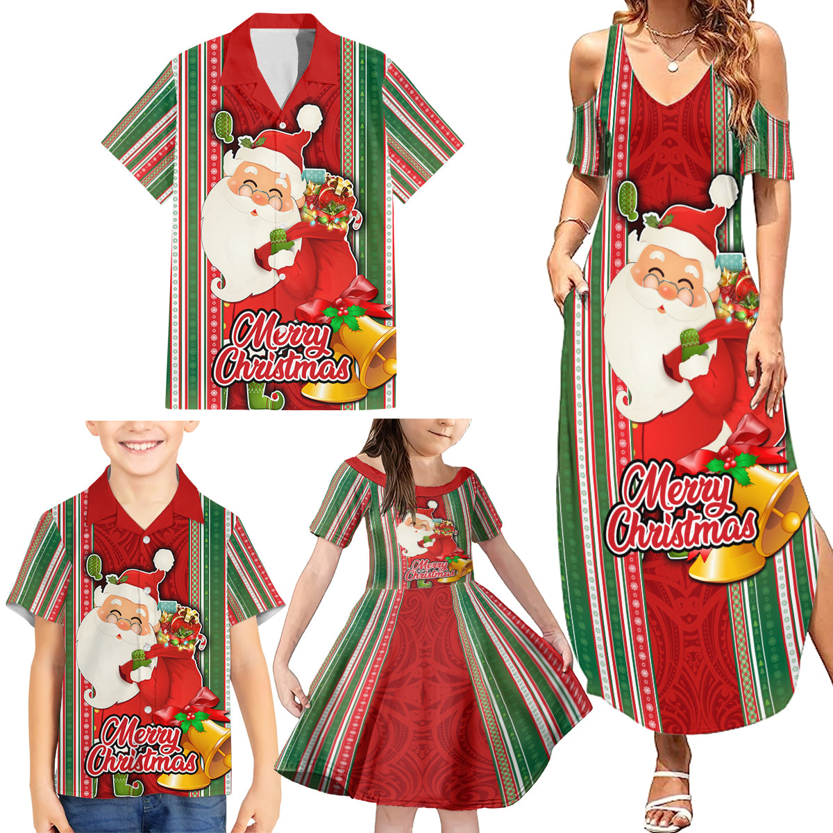 Kiribati Christmas Family Matching Summer Maxi Dress and Hawaiian Shirt Santa With Gift Bag Behind Ribbons Seamless Red Maori LT03 - Polynesian Pride