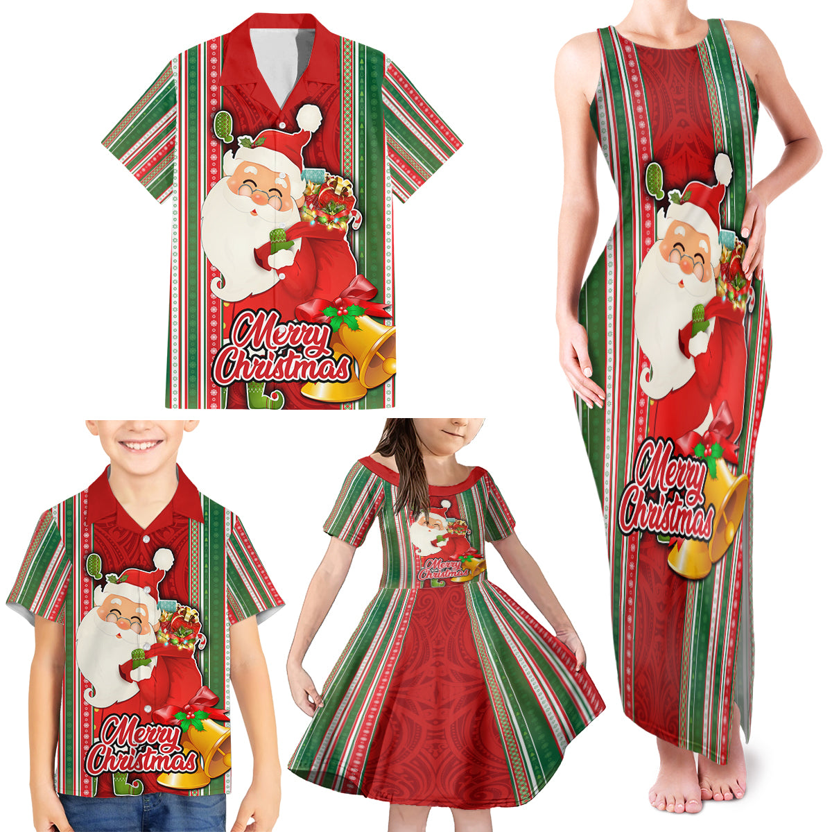 Kiribati Christmas Family Matching Tank Maxi Dress and Hawaiian Shirt Santa With Gift Bag Behind Ribbons Seamless Red Maori LT03 - Polynesian Pride