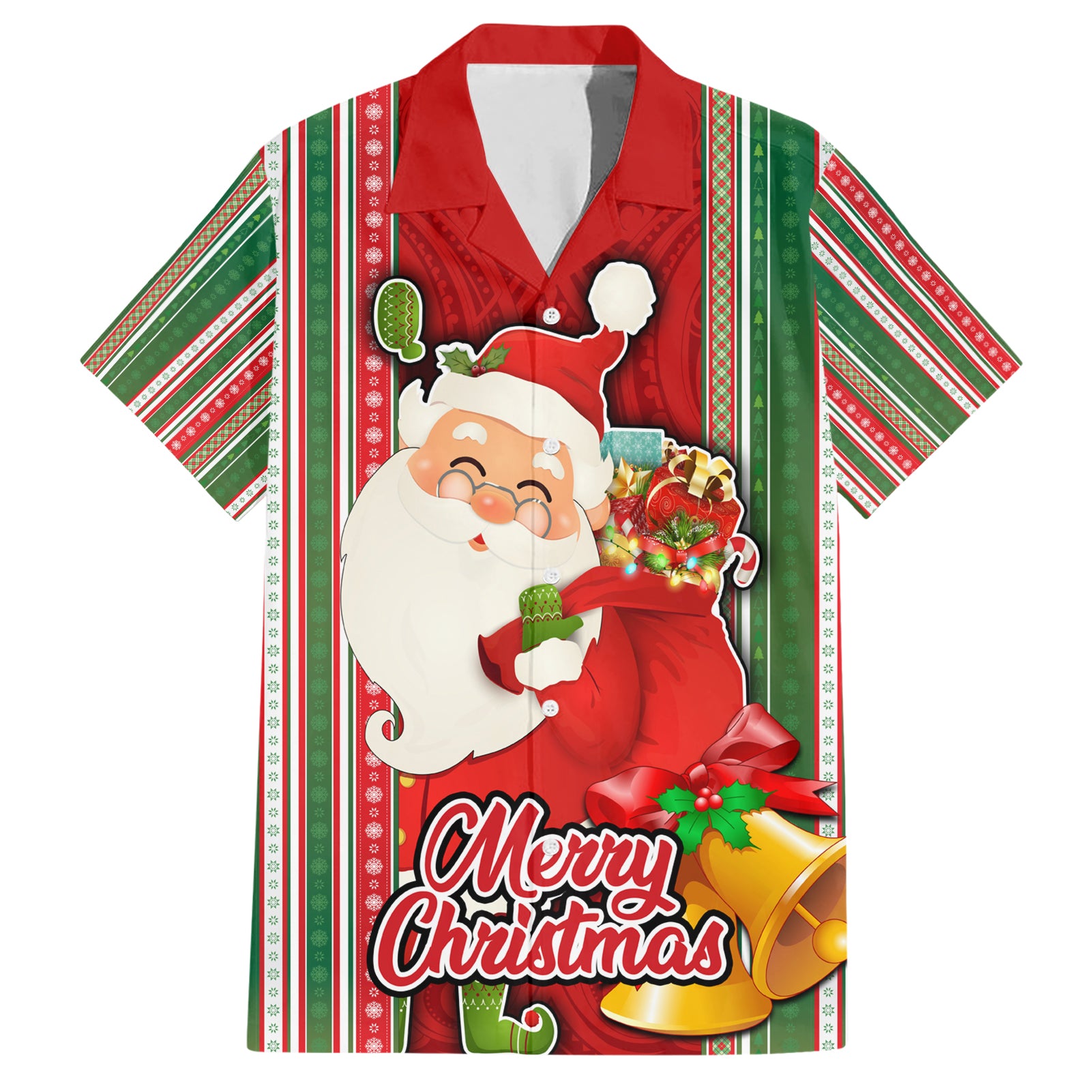 Kiribati Christmas Hawaiian Shirt Santa With Gift Bag Behind Ribbons Seamless Red Maori LT03 Red - Polynesian Pride