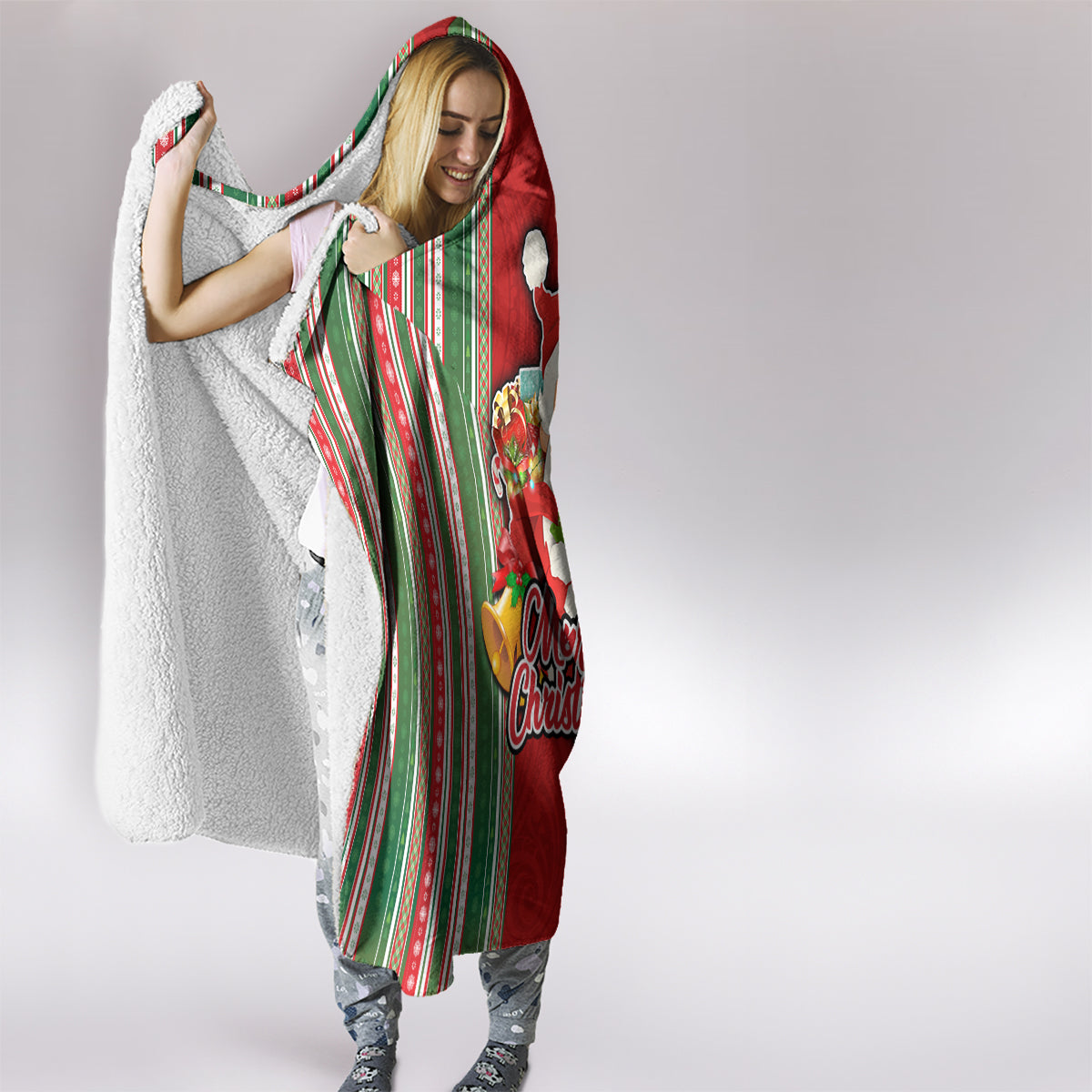 Kiribati Christmas Hooded Blanket Santa With Gift Bag Behind Ribbons Seamless Red Maori LT03 - Polynesian Pride
