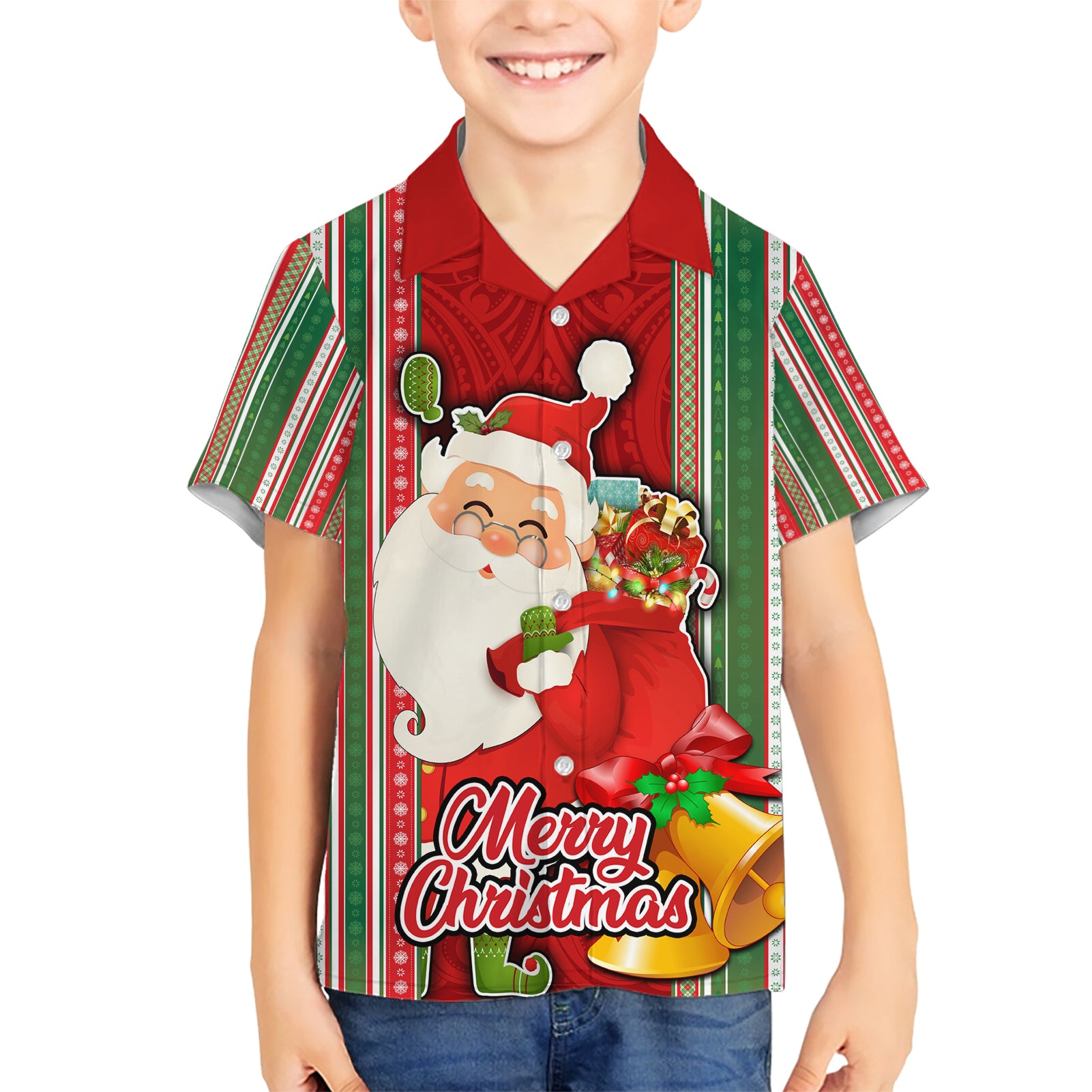 Kiribati Christmas Kid Hawaiian Shirt Santa With Gift Bag Behind Ribbons Seamless Red Maori LT03 Kid Red - Polynesian Pride