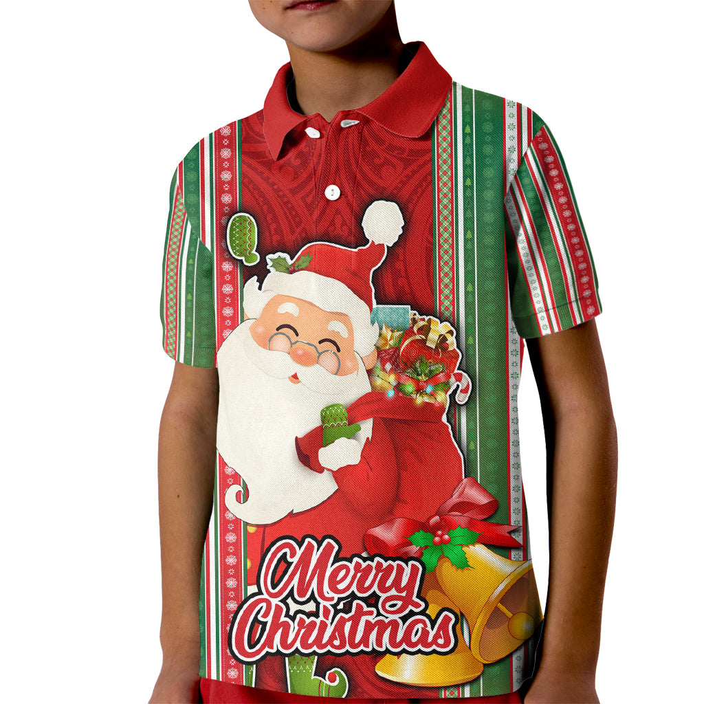 Kiribati Christmas Kid Polo Shirt Santa With Gift Bag Behind Ribbons Seamless Red Maori LT03 Kid Red - Polynesian Pride