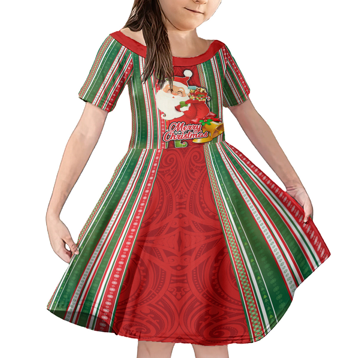 Kiribati Christmas Kid Short Sleeve Dress Santa With Gift Bag Behind Ribbons Seamless Red Maori LT03 KID Red - Polynesian Pride