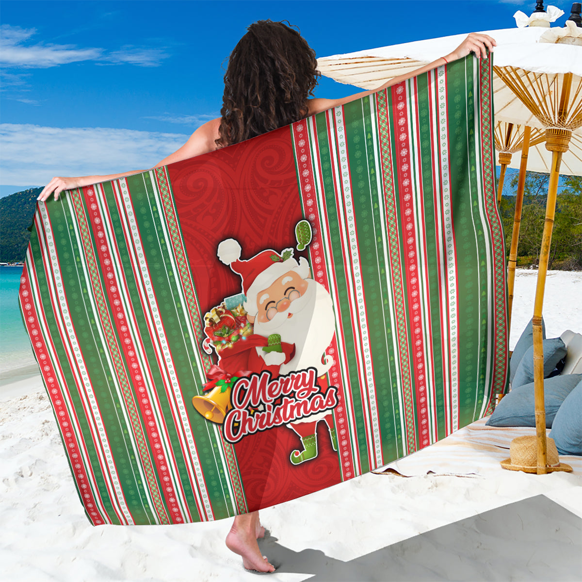 Kiribati Christmas Sarong Santa With Gift Bag Behind Ribbons Seamless Red Maori LT03 One Size 44 x 66 inches Red - Polynesian Pride