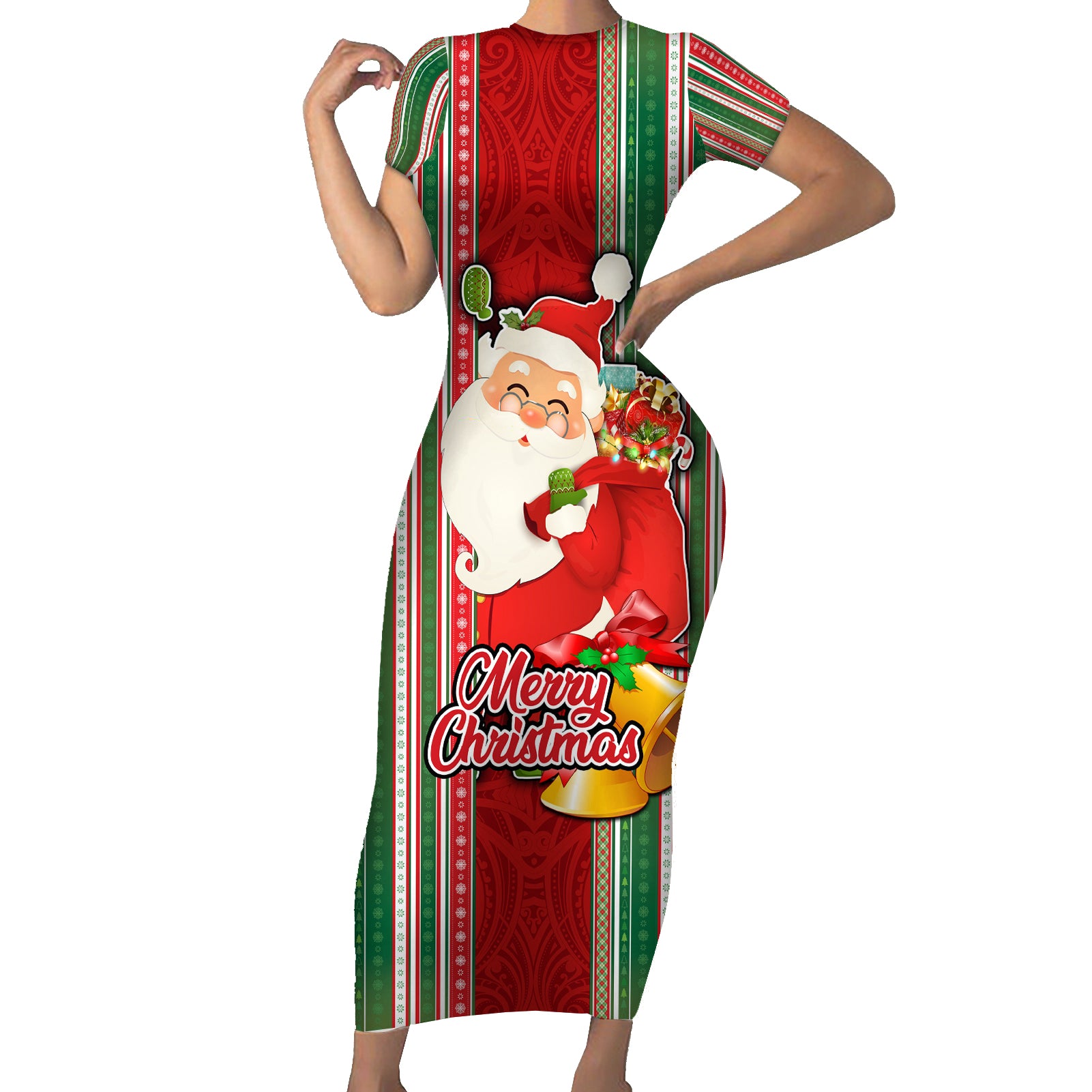 Kiribati Christmas Short Sleeve Bodycon Dress Santa With Gift Bag Behind Ribbons Seamless Red Maori LT03 Long Dress Red - Polynesian Pride