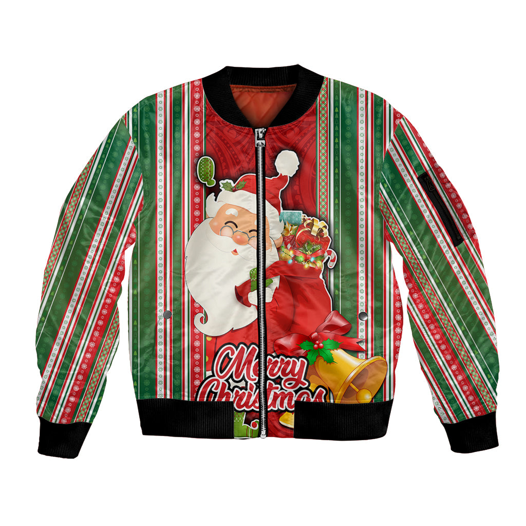 Kiribati Christmas Sleeve Zip Bomber Jacket Santa With Gift Bag Behind Ribbons Seamless Red Maori LT03 Unisex Red - Polynesian Pride