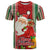 Kiribati Christmas T Shirt Santa With Gift Bag Behind Ribbons Seamless Red Maori LT03 Red - Polynesian Pride