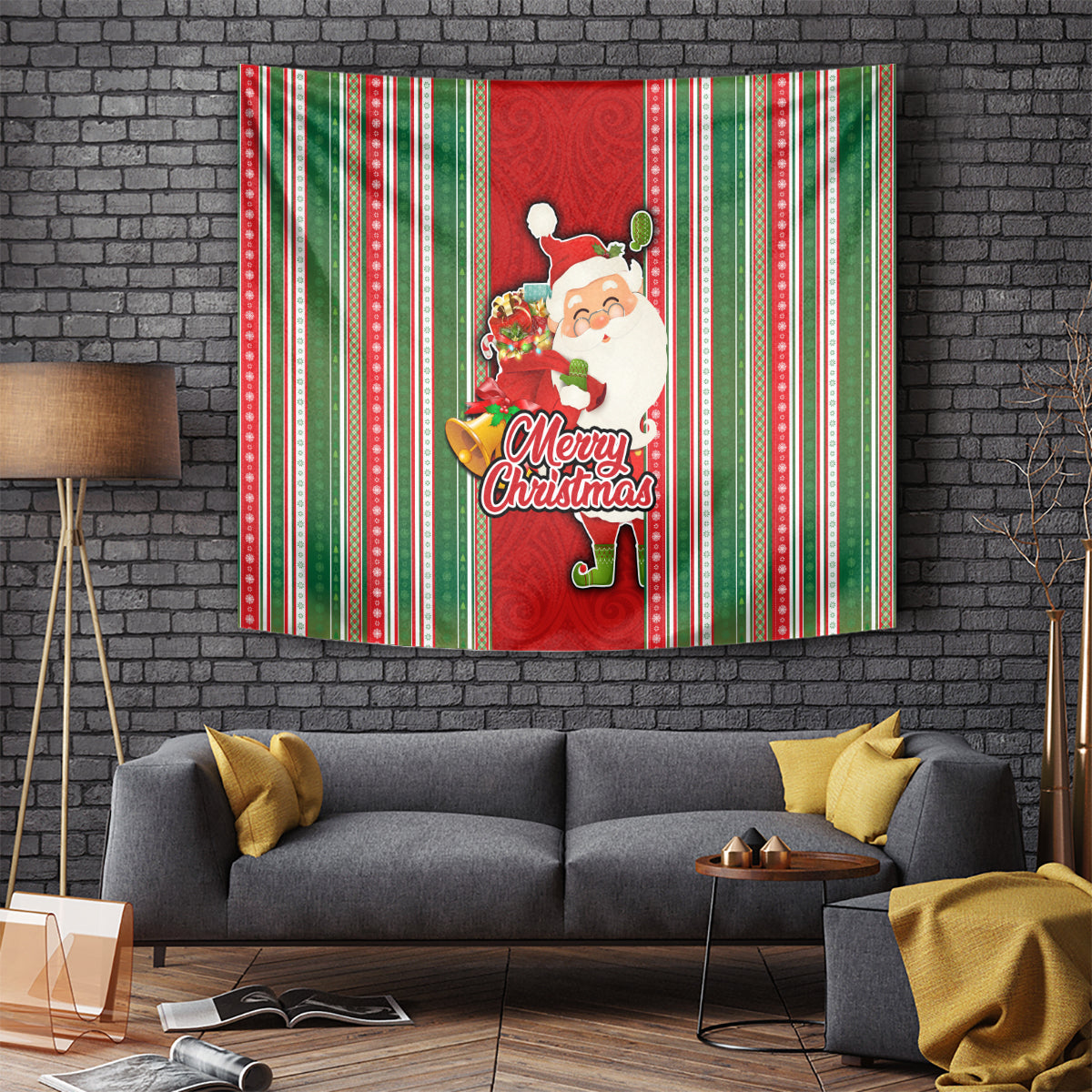 Kiribati Christmas Tapestry Santa With Gift Bag Behind Ribbons Seamless Red Maori LT03 Red - Polynesian Pride