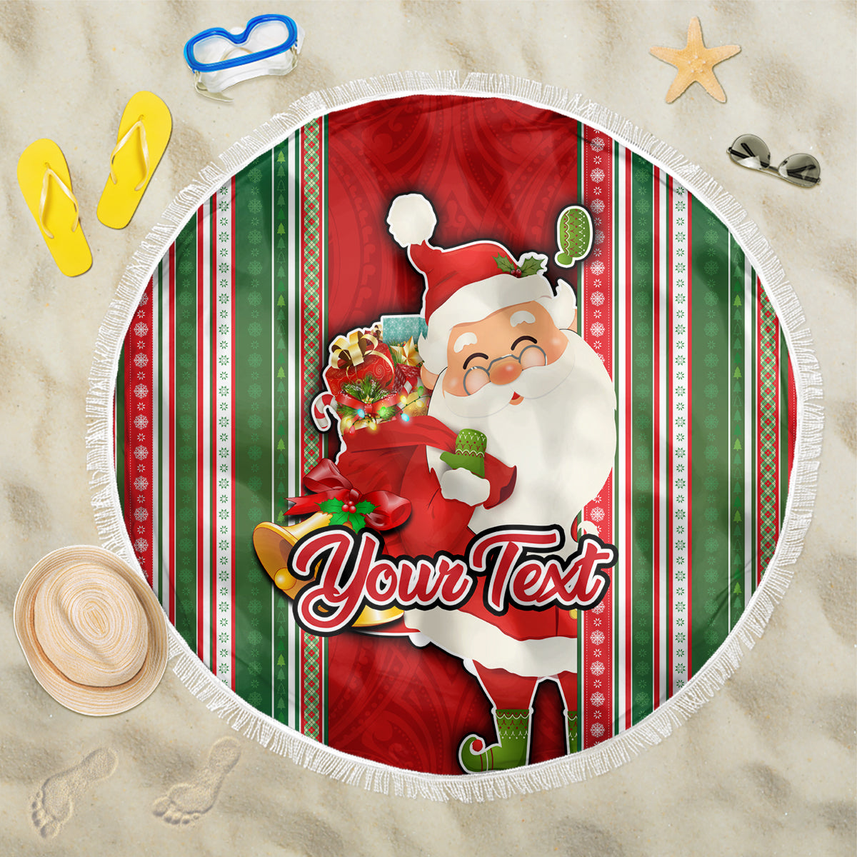 Custom Kiribati Christmas Beach Blanket Santa With Gift Bag Behind Ribbons Seamless Red Maori LT03 One Size 150cm Red - Wonder Print Shop