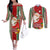 Custom Kiribati Christmas Couples Matching Off The Shoulder Long Sleeve Dress and Long Sleeve Button Shirts Santa With Gift Bag Behind Ribbons Seamless Red Maori LT03 Red - Polynesian Pride