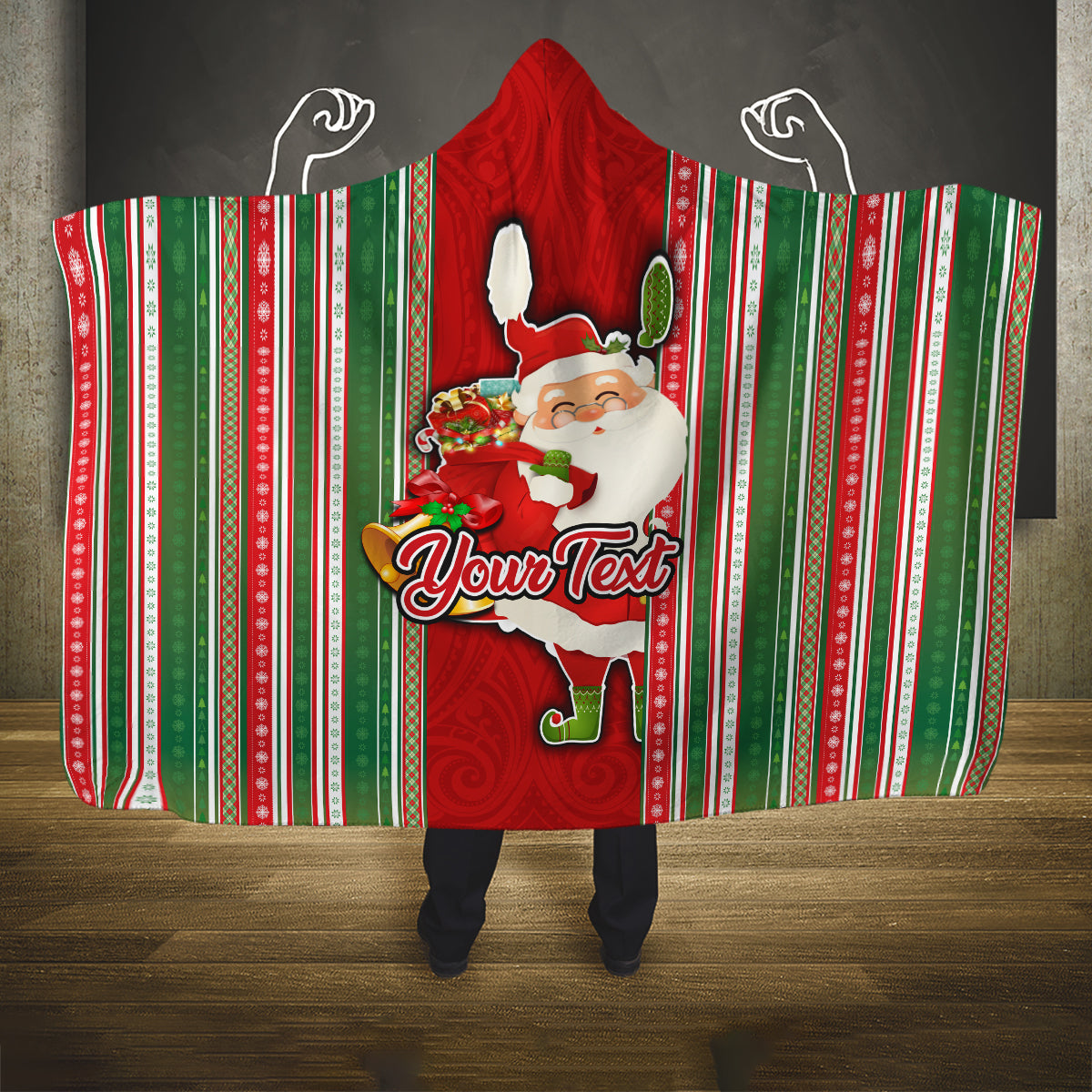 Custom Kiribati Christmas Hooded Blanket Santa With Gift Bag Behind Ribbons Seamless Red Maori LT03 One Size Red - Polynesian Pride