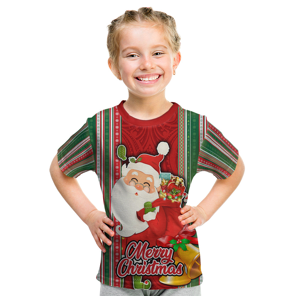 Custom Kiribati Christmas Kid T Shirt Santa With Gift Bag Behind Ribbons Seamless Red Maori LT03 Red - Polynesian Pride