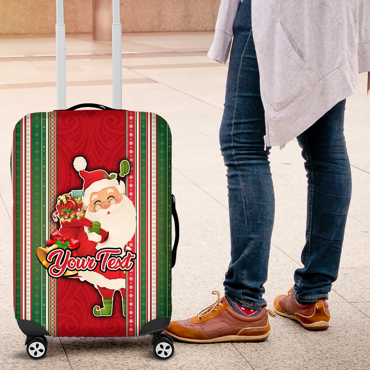 Custom Kiribati Christmas Luggage Cover Santa With Gift Bag Behind Ribbons Seamless Red Maori LT03 Red - Polynesian Pride