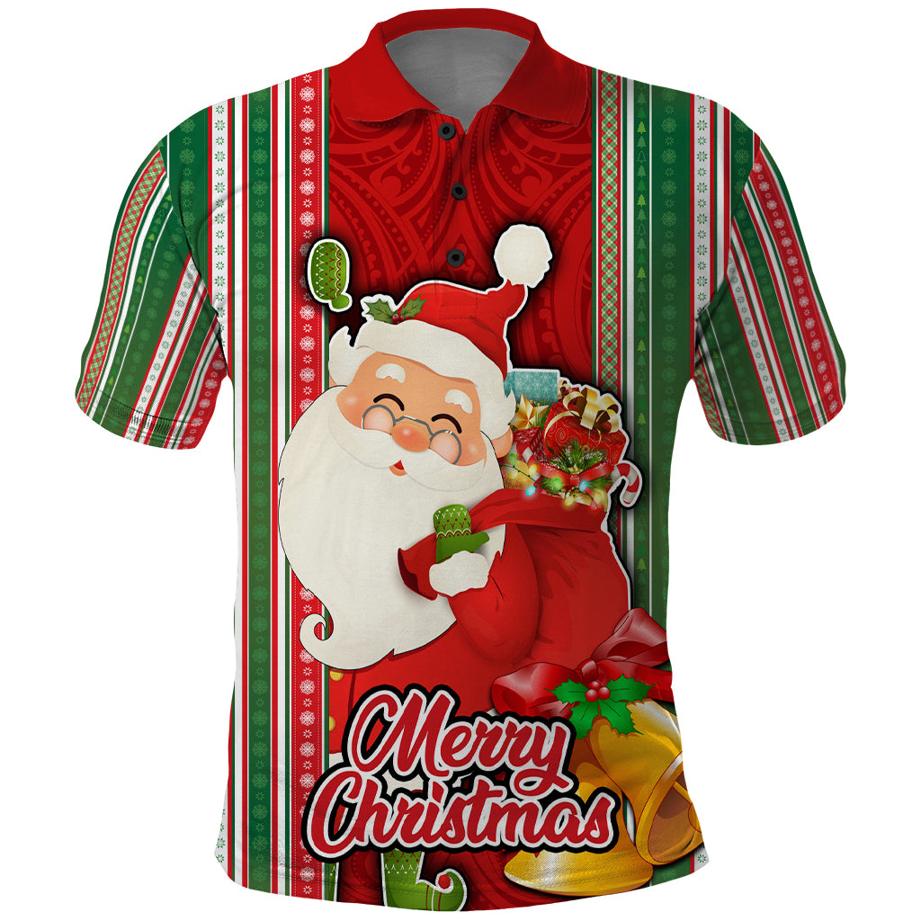 Custom Kiribati Christmas Polo Shirt Santa With Gift Bag Behind Ribbons Seamless Red Maori LT03 Red - Polynesian Pride