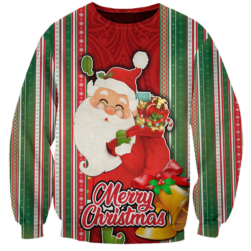 Custom Kiribati Christmas Sweatshirt Santa With Gift Bag Behind Ribbons Seamless Red Maori LT03 Unisex Red - Polynesian Pride