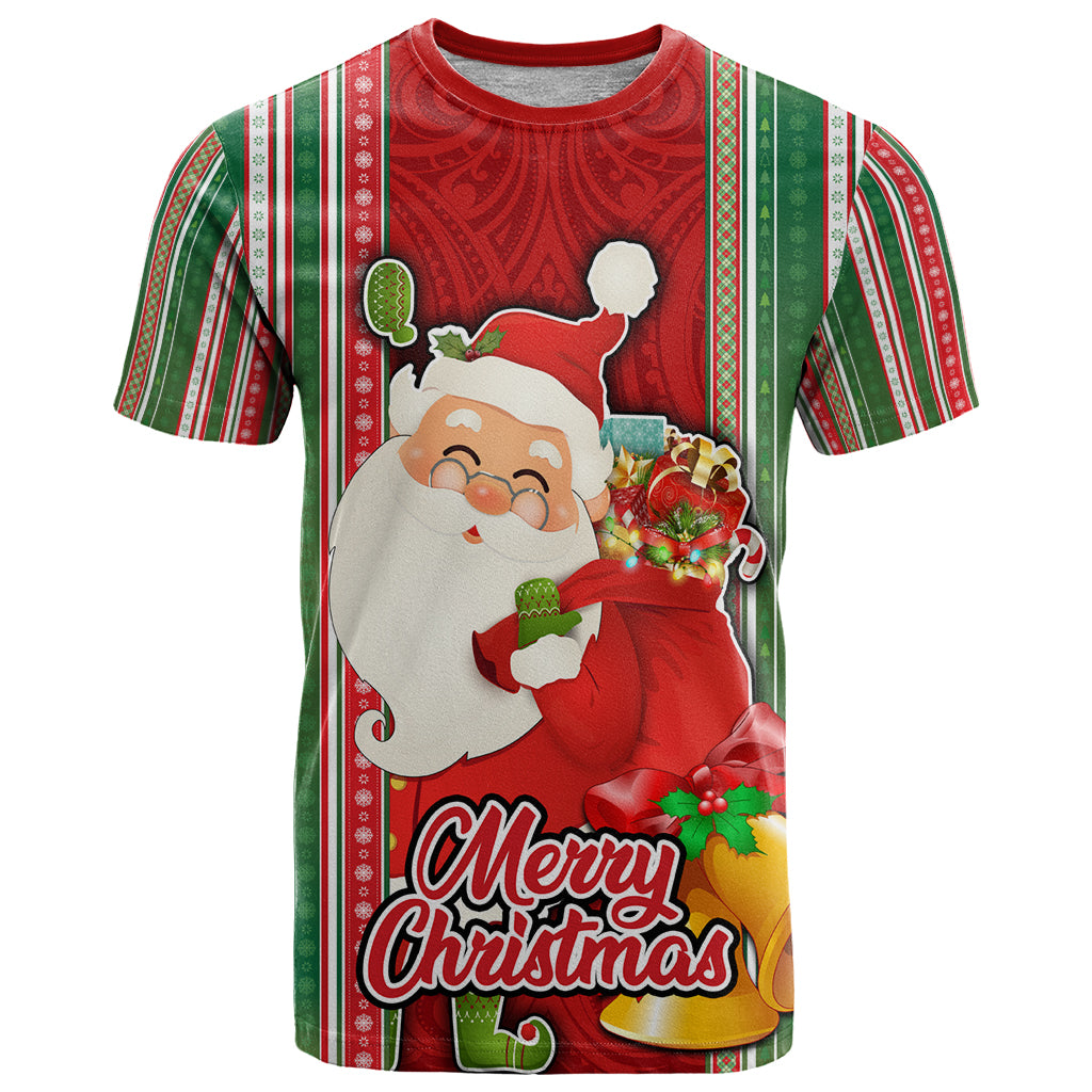 Custom Kiribati Christmas T Shirt Santa With Gift Bag Behind Ribbons Seamless Red Maori LT03 Red - Polynesian Pride
