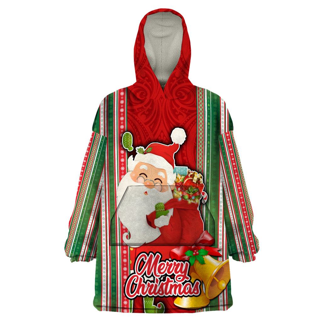 Custom Kiribati Christmas Wearable Blanket Hoodie Santa With Gift Bag Behind Ribbons Seamless Red Maori LT03 One Size Red - Polynesian Pride