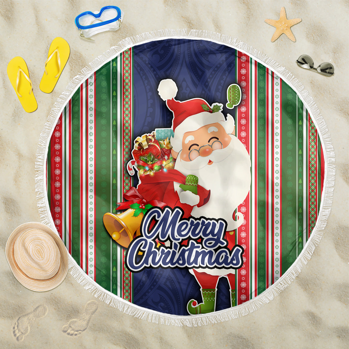 Kiribati Christmas Beach Blanket Santa With Gift Bag Behind Ribbons Seamless Blue Maori LT03 One Size 150cm Blue - Wonder Print Shop