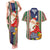 Kiribati Christmas Couples Matching Tank Maxi Dress and Hawaiian Shirt Santa With Gift Bag Behind Ribbons Seamless Blue Maori LT03 Blue - Polynesian Pride