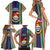 Kiribati Christmas Family Matching Short Sleeve Bodycon Dress and Hawaiian Shirt Santa With Gift Bag Behind Ribbons Seamless Blue Maori LT03 - Polynesian Pride