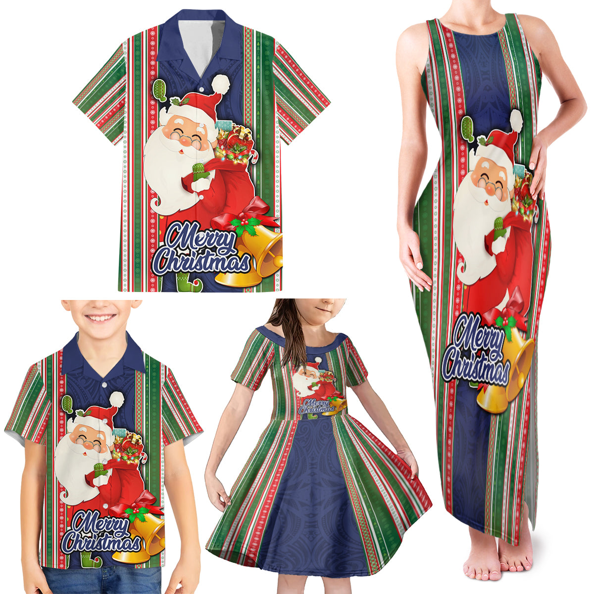 Kiribati Christmas Family Matching Tank Maxi Dress and Hawaiian Shirt Santa With Gift Bag Behind Ribbons Seamless Blue Maori LT03 - Polynesian Pride