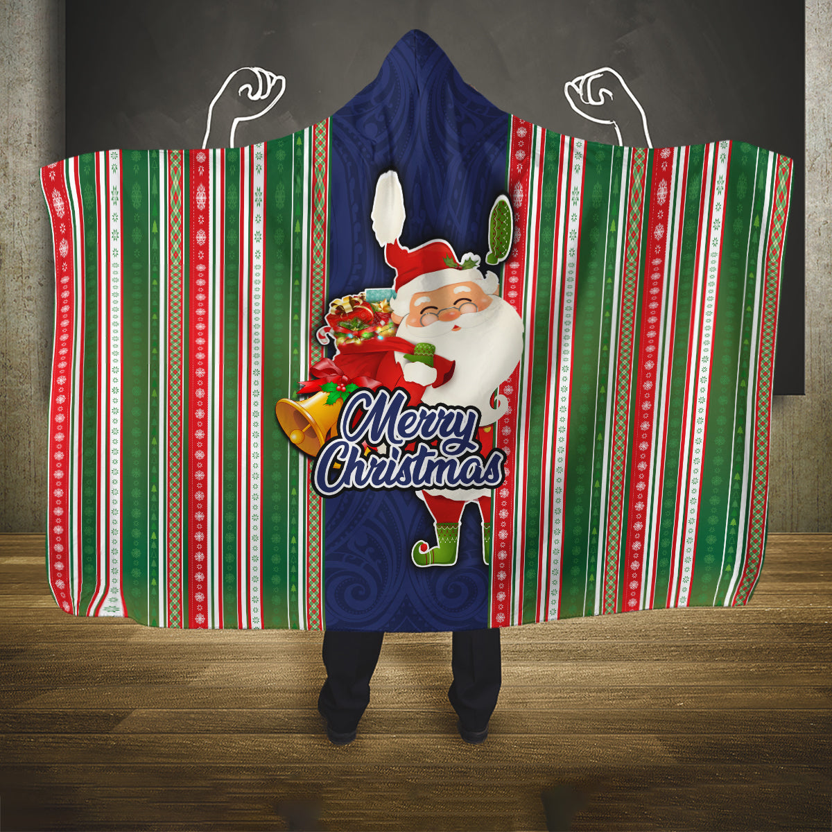 Kiribati Christmas Hooded Blanket Santa With Gift Bag Behind Ribbons Seamless Blue Maori LT03 One Size Blue - Polynesian Pride