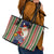 Kiribati Christmas Leather Tote Bag Santa With Gift Bag Behind Ribbons Seamless Blue Maori LT03 - Polynesian Pride