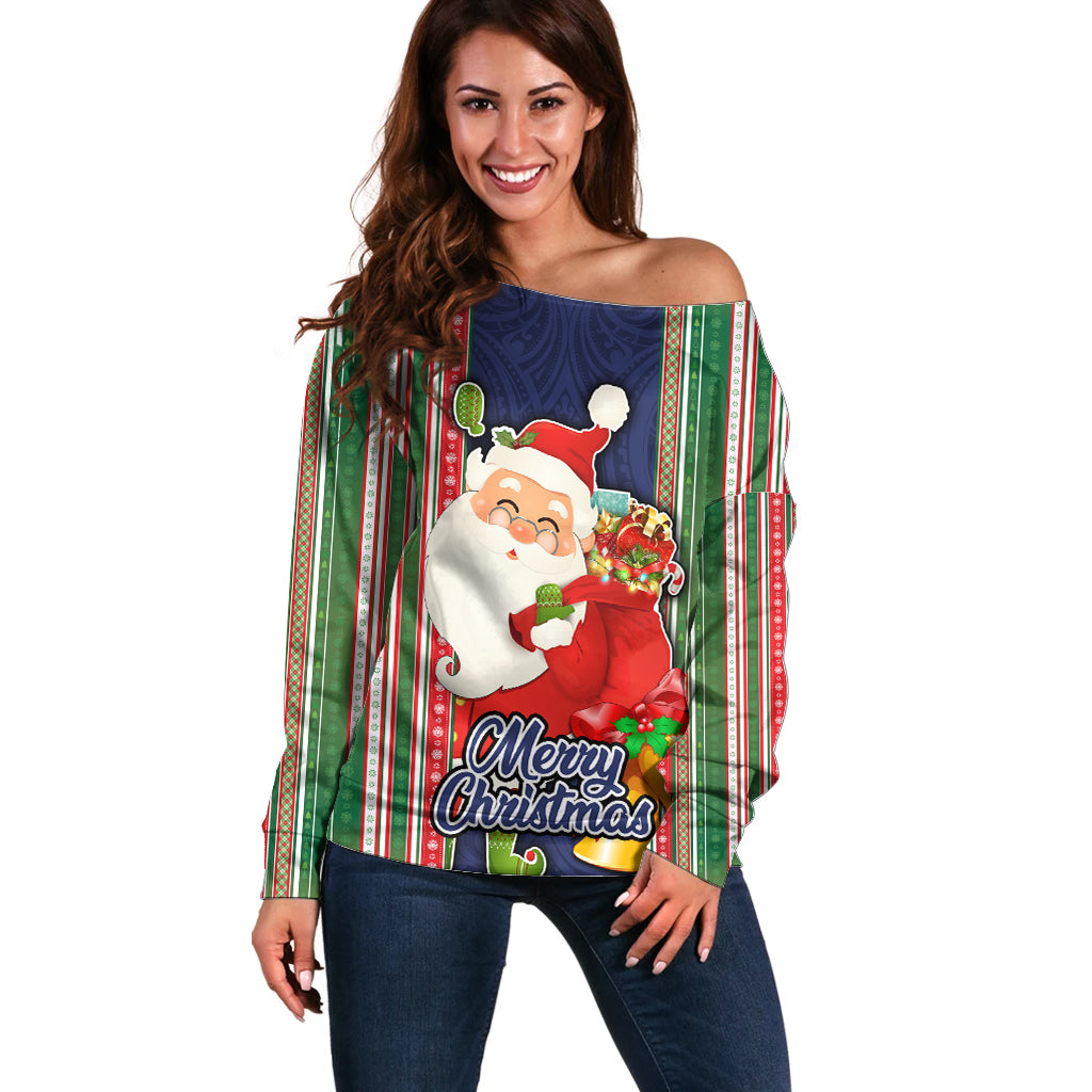 Kiribati Christmas Off Shoulder Sweater Santa With Gift Bag Behind Ribbons Seamless Blue Maori LT03 Women Blue - Polynesian Pride