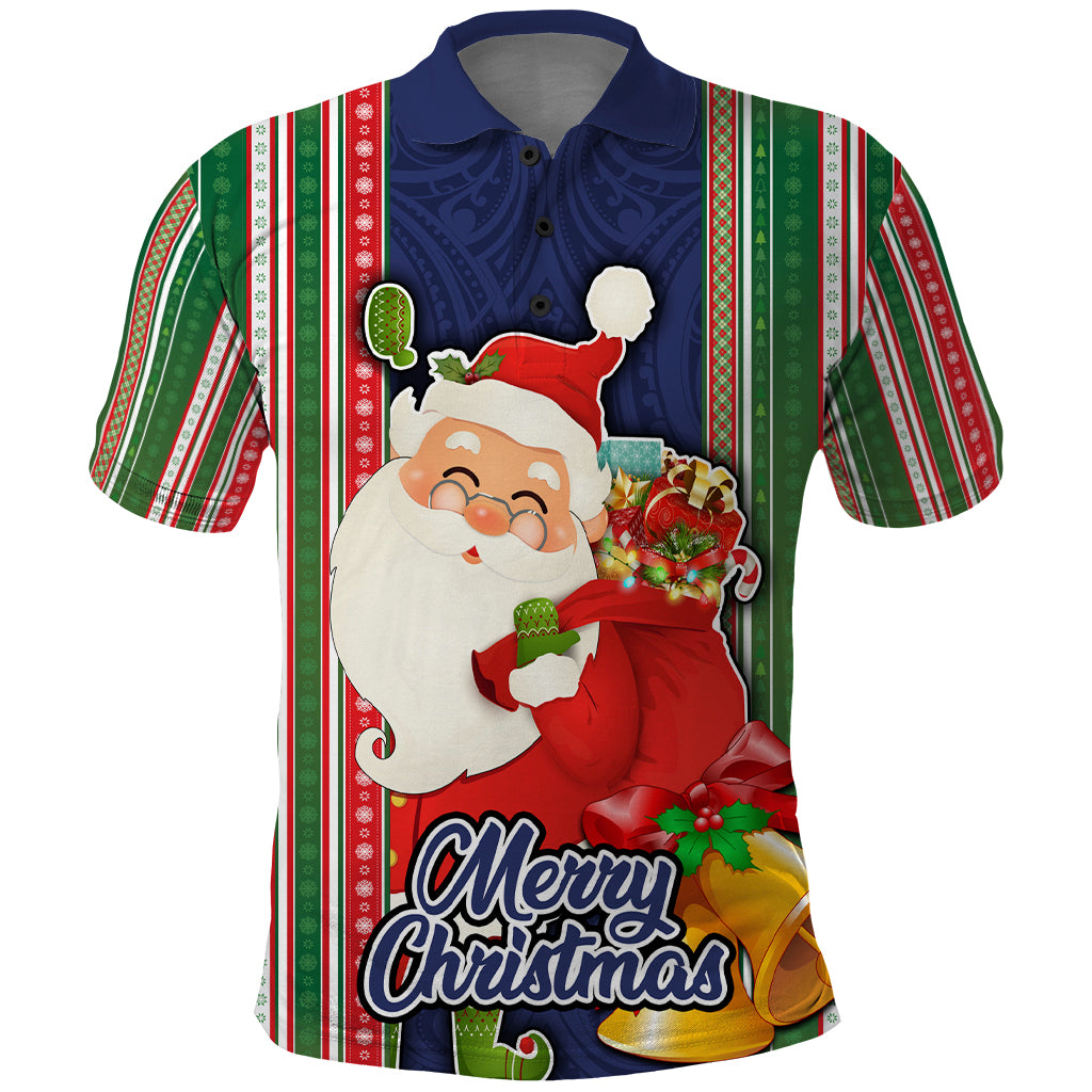 Kiribati Christmas Polo Shirt Santa With Gift Bag Behind Ribbons Seamless Blue Maori LT03 Blue - Polynesian Pride