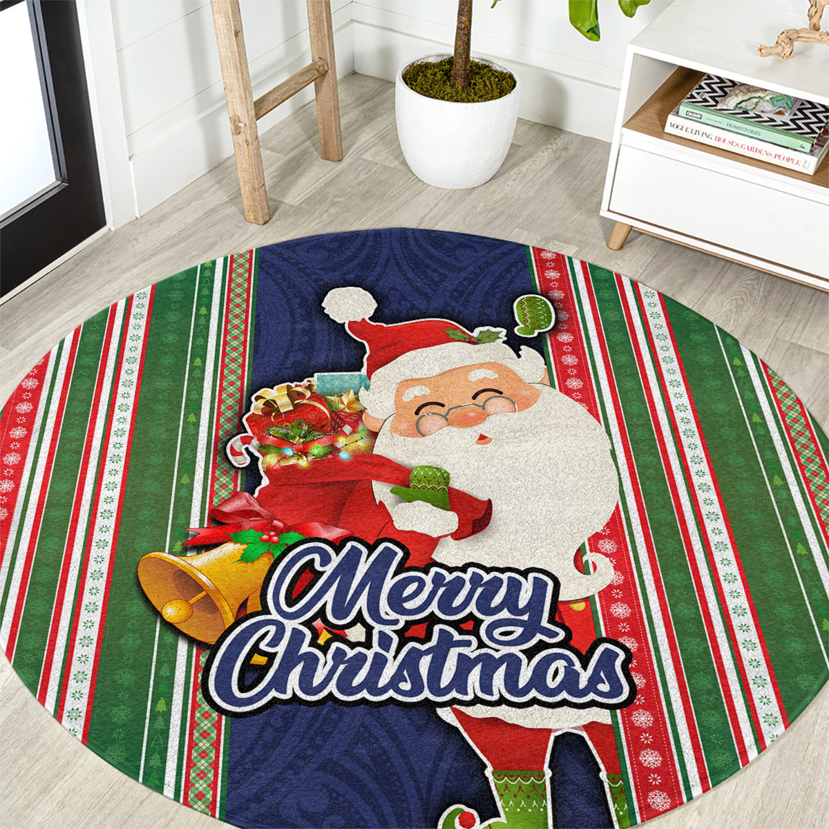 Kiribati Christmas Round Carpet Santa With Gift Bag Behind Ribbons Seamless Blue Maori LT03 Blue - Polynesian Pride