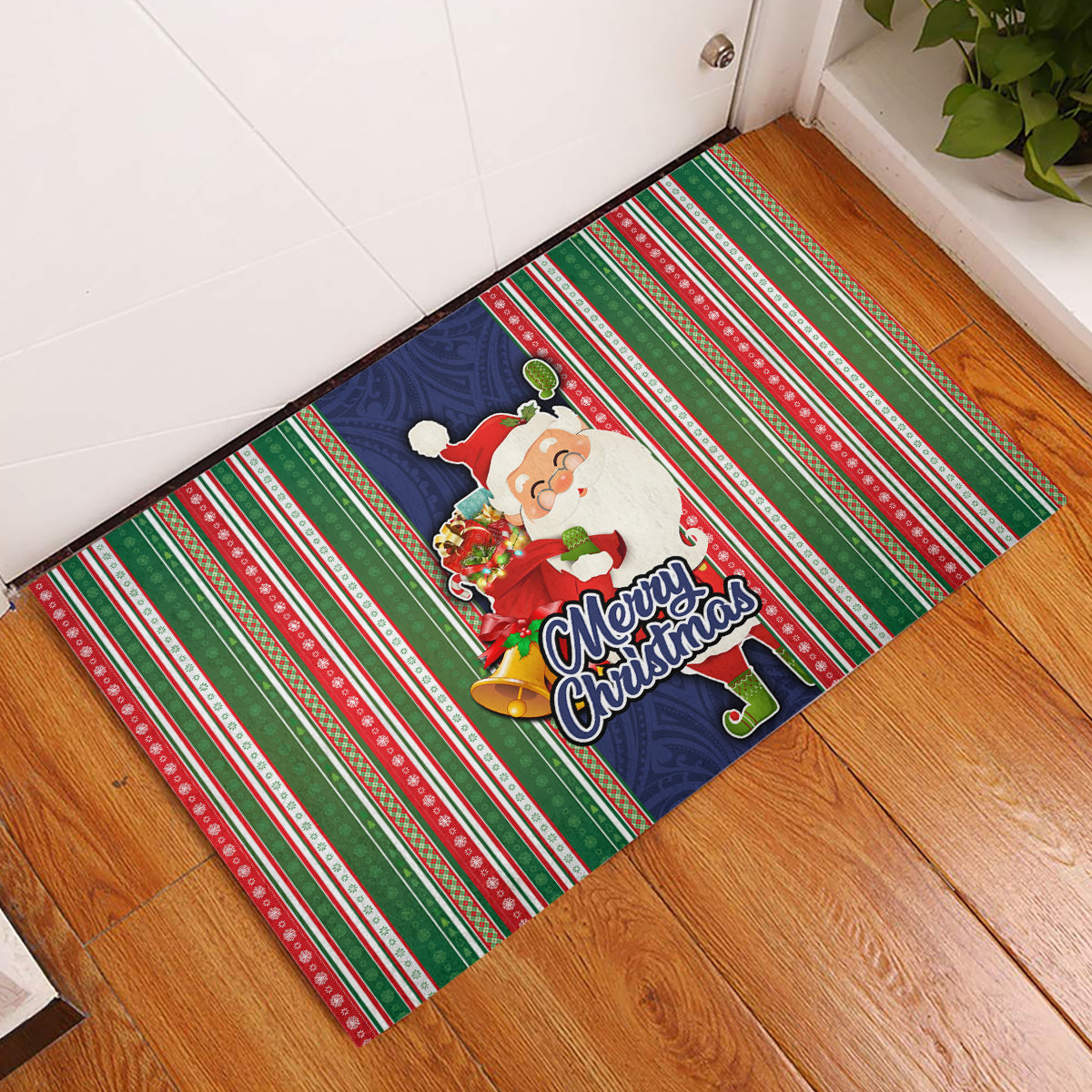 Kiribati Christmas Rubber Doormat Santa With Gift Bag Behind Ribbons Seamless Blue Maori LT03 Blue - Polynesian Pride